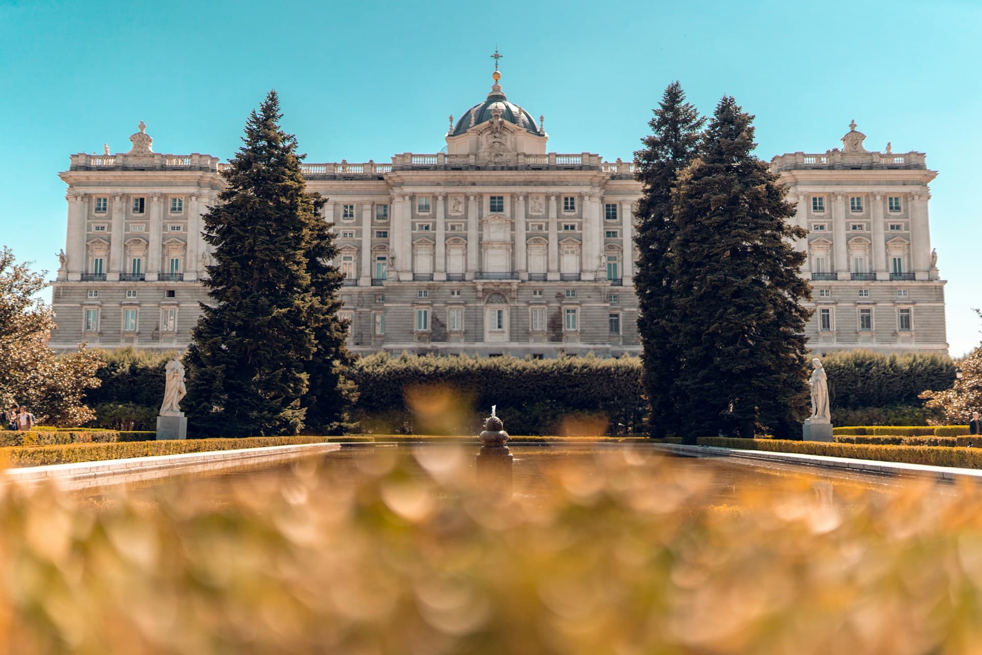 The Royal Palace of Madrid with its manicured Sabatini Gardens in the foreground.