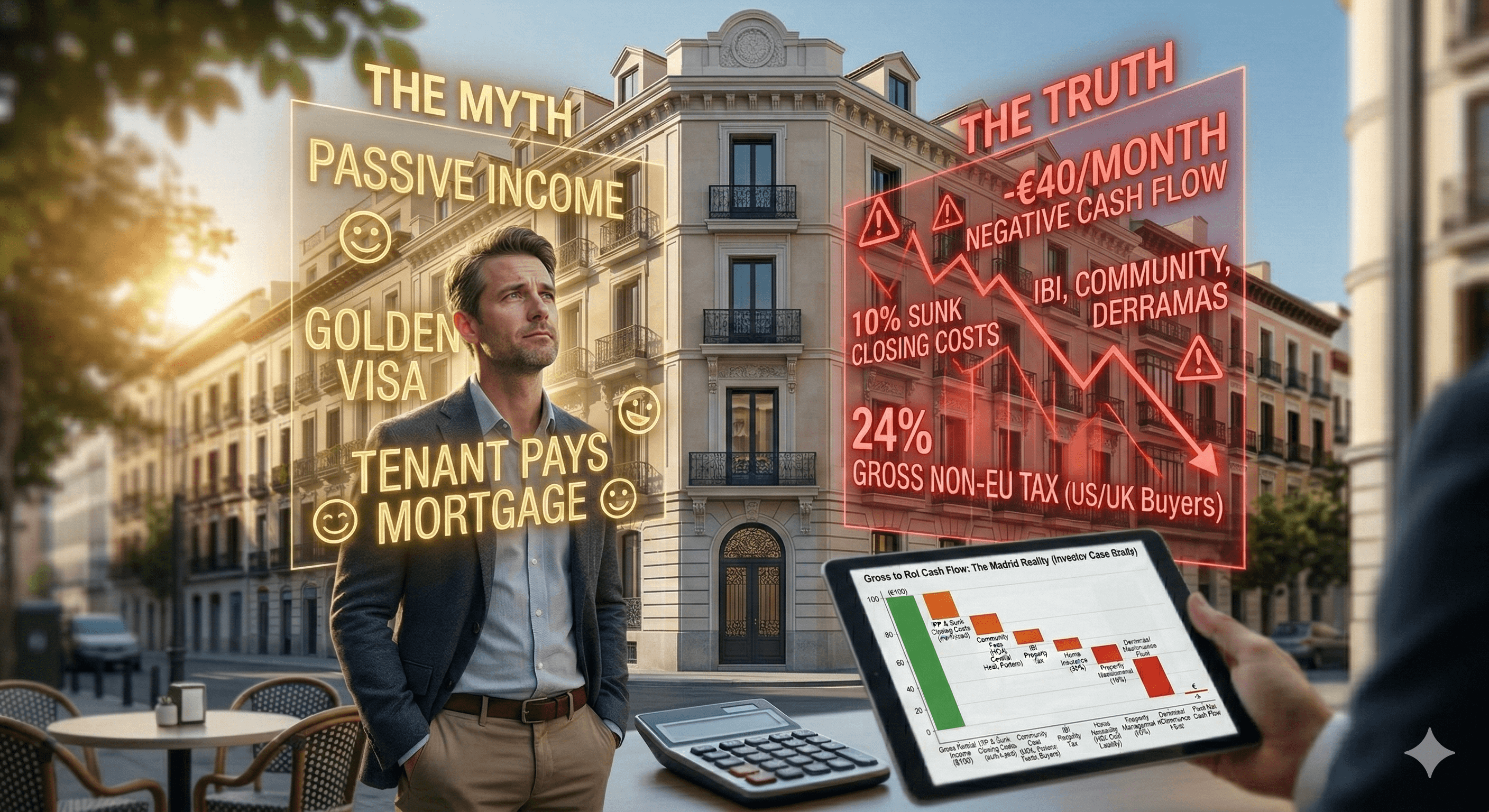 Investor looking at a classic Madrid apartment building in Chamberí with a digital overlay comparing real estate myths like 'Passive Income' and 'Tenant Pays Mortgage' against harsh financial realities including negative cash flow, 24% gross tax, and 10% sunk closing costs.
