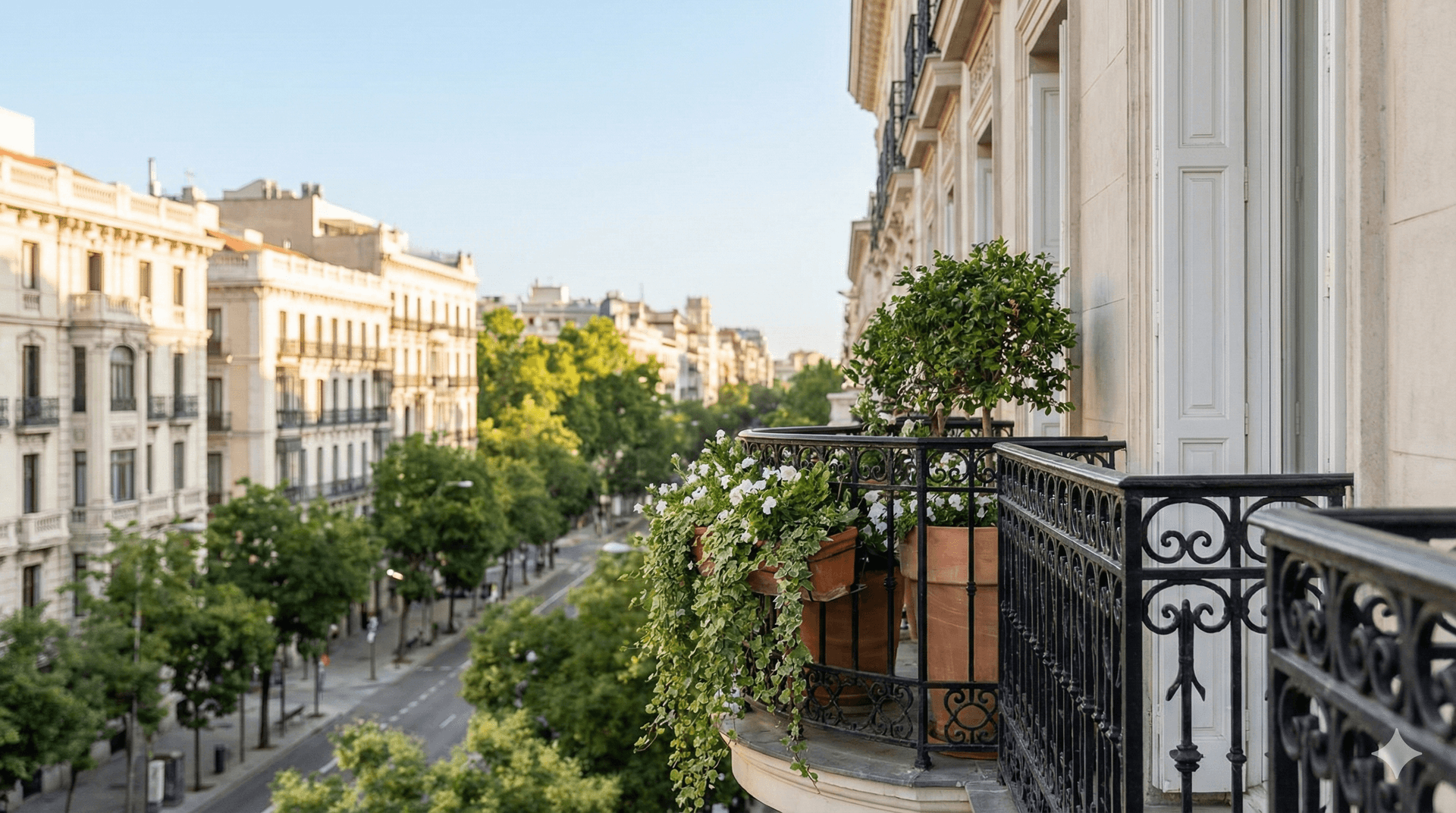 View from a classic luxury apartment balcony with wrought-iron railings overlooking a tree-lined street in the Salamanca district of Madrid.