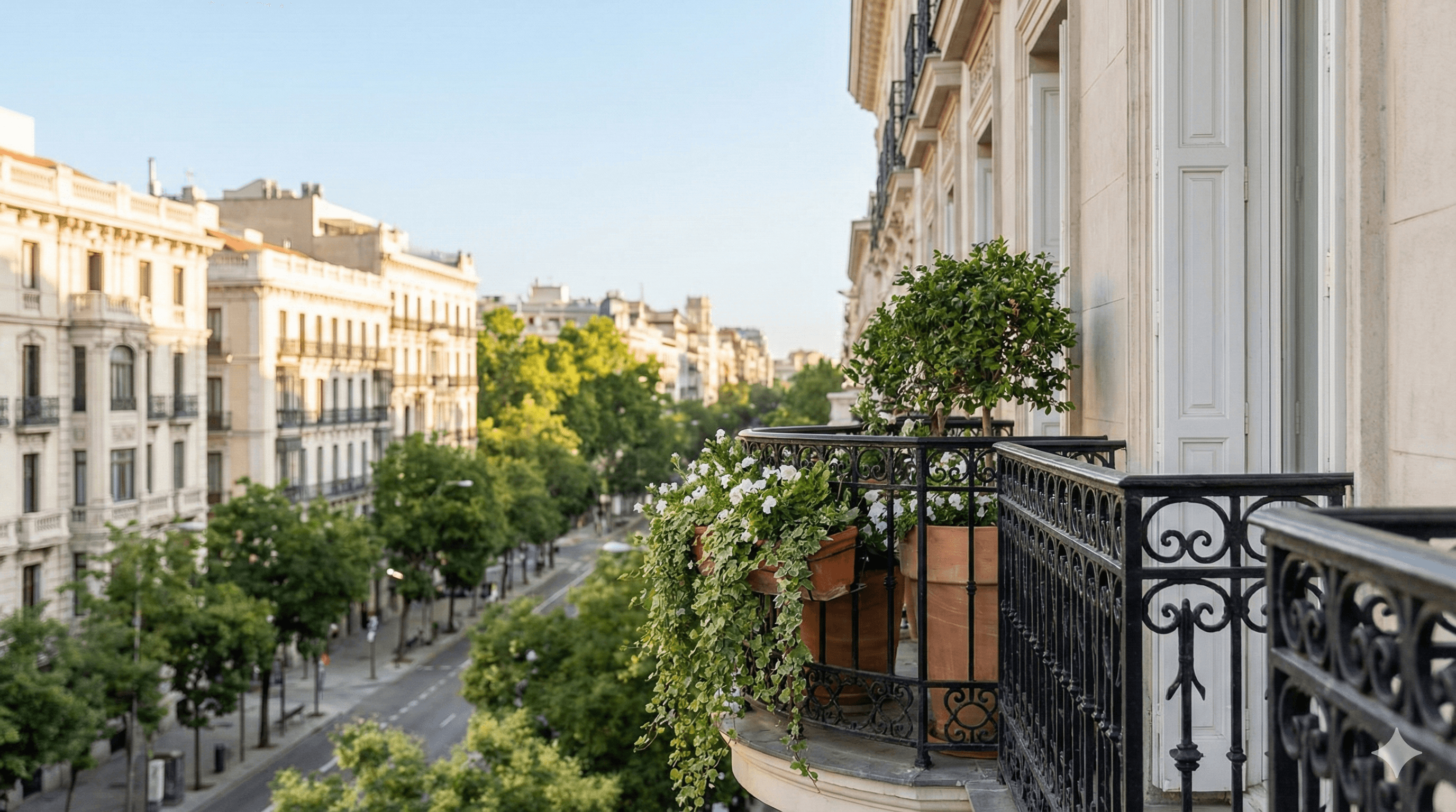 View from a classic luxury apartment balcony with wrought-iron railings overlooking a tree-lined street in the Salamanca district of Madrid.